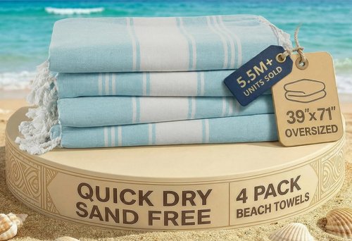 LANE LINEN Oversized Beach Towel - Beach Towels 4 Pack, Pre-Washed Pool Towel, Extra Large Beach Towel, Quick Dry & Sand Free, Lightweight Travel Towel, 39"x71" - Aqua
