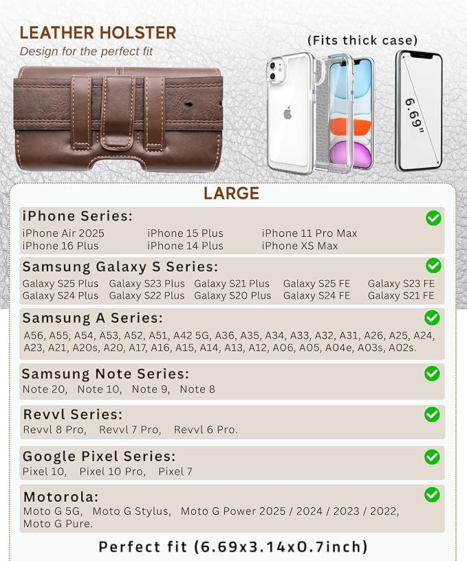 Wireless City Large Leather Phone Holster for iPhone 16/15/14 Plus, iPhone Air 2025, 11 Pro Max, XS Max, Horizontal Belt Clip & Loop Phone Pouch, Magnetic Closure Belt Holder for Men & Women (Brown)