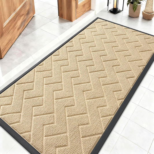 OLANLY Waterproof Front Door Mat - All-Season Herringbone Design | Sturdy Natural Rubber, Easy Clean (Beige, 47x23)