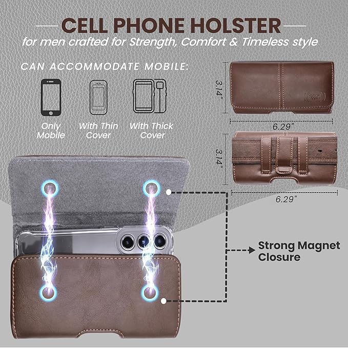Wireless City Leather Phone Holster for iPhone 17/17 Pro 16/16 Pro/16e 15/15 Pro 14/14 Pro 13/13 Pro 12/12 Pro 11 XR Horizontal Belt Clip & Loop Phone Pouch Magnetic Closure Phone Holder for Men Brown