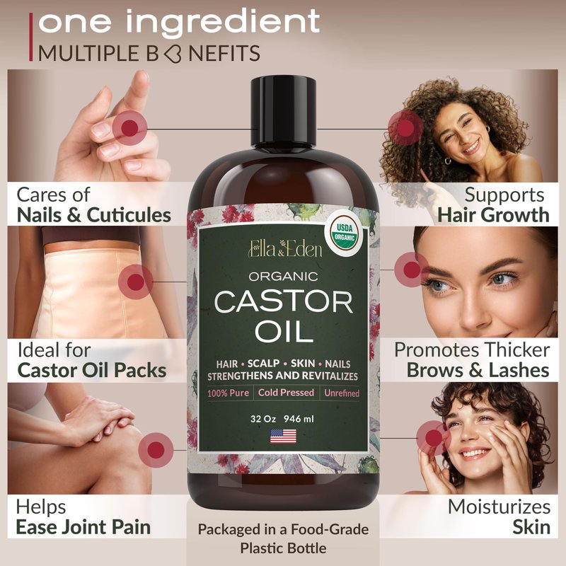 Ella & Eden Organic Castor Oil – Cold-Pressed Hexane-Free Unrefined - For Hair Growth, Skin and Face - USDA Certified & 100% Pure - 32 fl oz