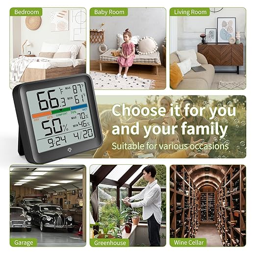 MeesMeek Indoor Thermometer Room Temperature Home Hygrometer Humidity Gauge, Accurate Calibration, Backlight, Air Comfort Indicator, Max Min Records, Time, Date (1, Black, 3.6" W x 3.4" H)