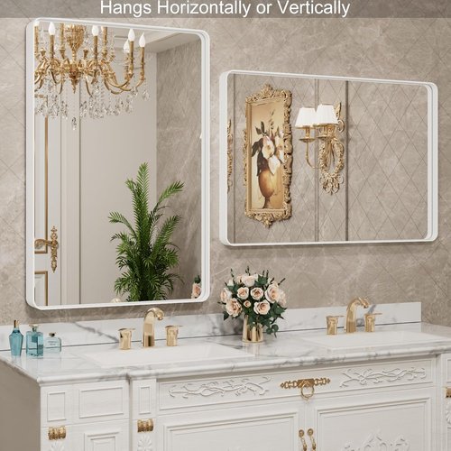 LOAAO Bathroom Mirror - 40x30 Inch White Metal Framed Large Rounded Rectangle | Anti-Rust Tempered Glass