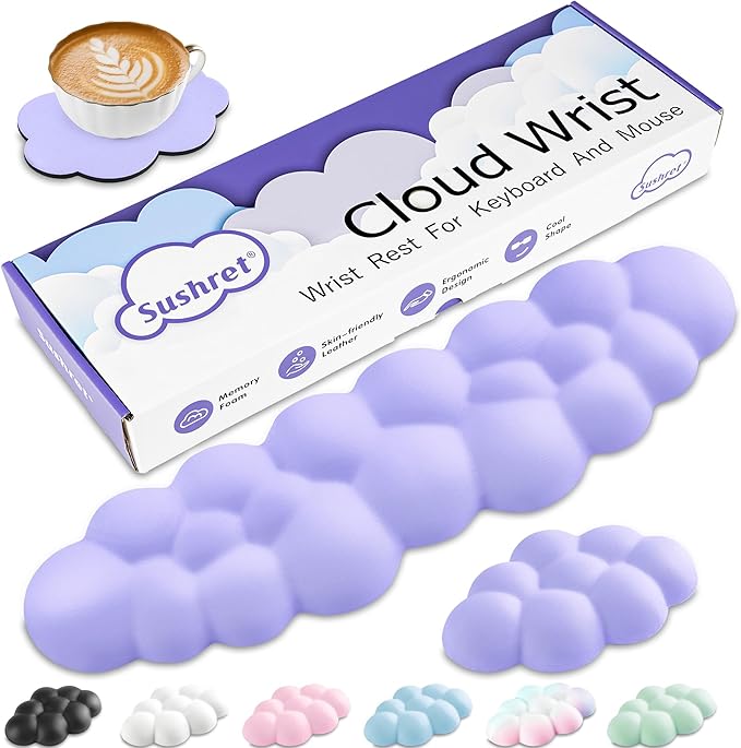 Sushret Cloud Wrist Rest Keyboard, Cloud Keyboard Wrist Pad Set with PU Leather Memory Foam, Cute Arm Rest for Palm Support, PC/Gaming Desk Accessories/Office Setup/Computer Hand Cushion - Purple