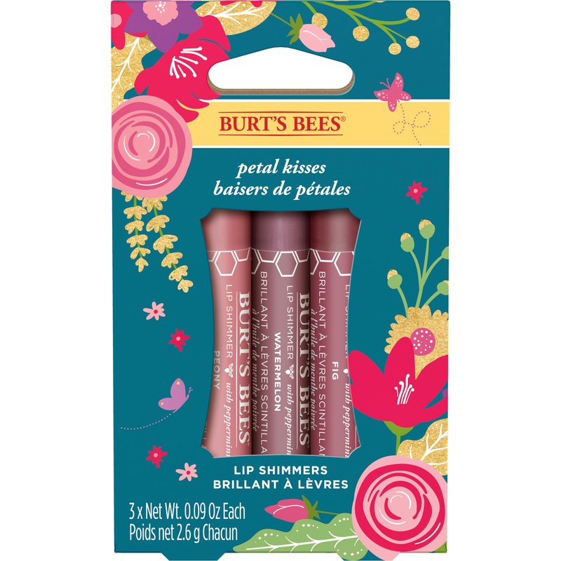 Burt's Bees Kissable Color Spring Gift Set, Petal Kisses, 3 Lip Shimmers in Peony, Fig and Watermelon