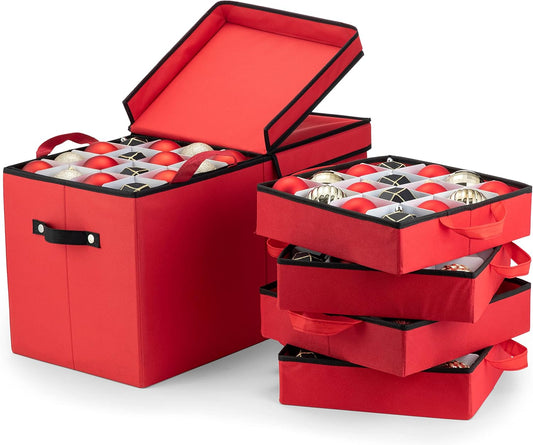 ZOBER Christmas Ornament Storage Box - Holds 128 3" Ornaments with Individual Trays - Durable Red 600D Oxford Fabric
