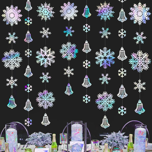 Skiennix 40 Ft Snowflakes Party Decorations - Iridescent Holographic Garland for Winter Wonderland Decor