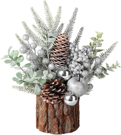Hatisan Small Christmas Tree - Artificial Pine Cone & Berry Decor | Tabletop Holiday Decoration (Silver-Round)