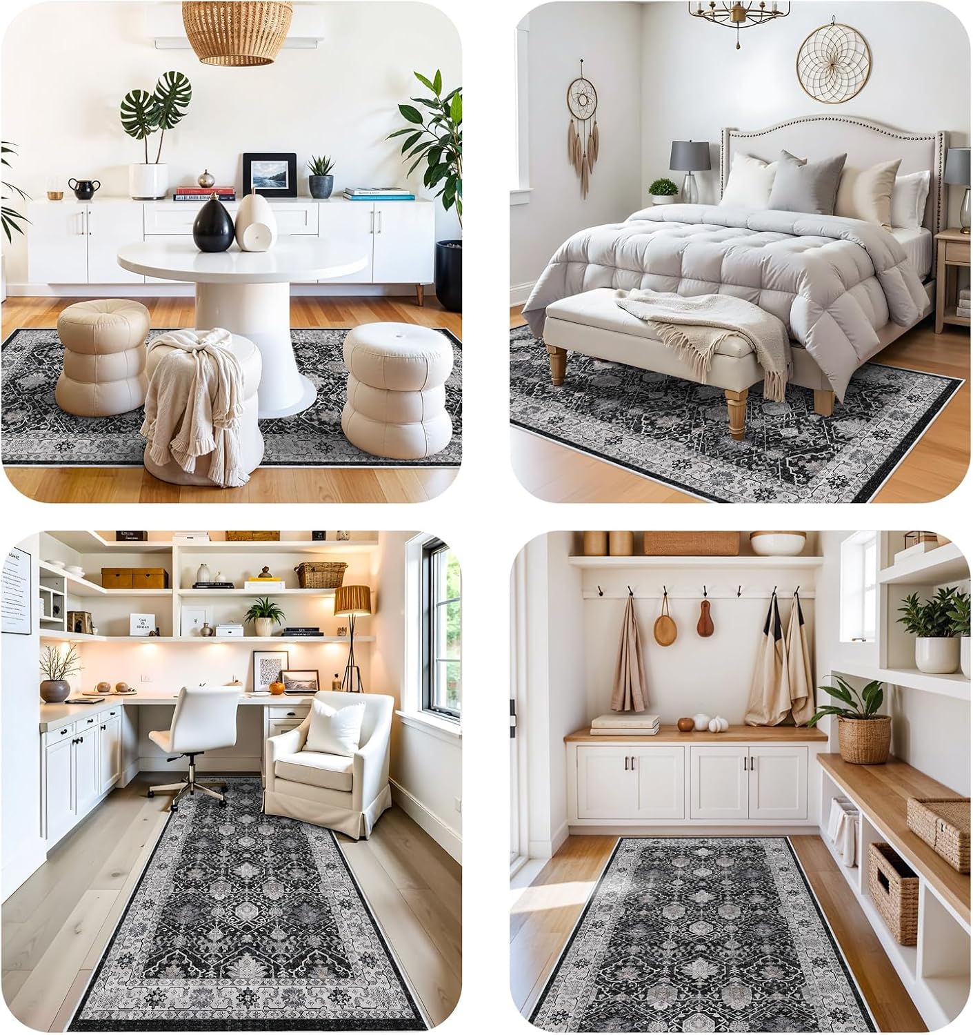 Regine Switzerland Washable 4x8 Hallway Runner Rug - Vintage Soft Low Pile Carpet with Non-Slip Backing | Black