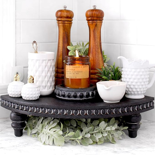 Corner Pedestal Stand Rustic Decor Riser for Display - Farmhouse Wood Rounded Beaded Tray for Kitchen and Bathroom Countertop Organizer, Coffee Bar, Plant Stand with Removable Feet (Rustic Black)