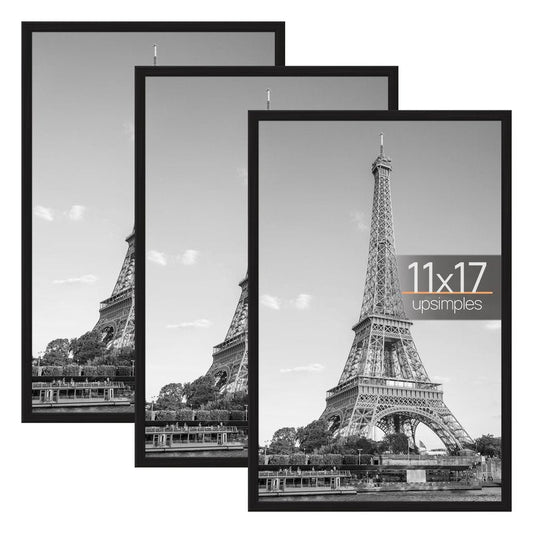 upsimples 11x17 Picture Frame Black 3 Pack, Scratch-Proof 11 x 17 Poster Frames for Photo Gallery - Slide-In Strips, Horizontal or Vertical Wall Mounting