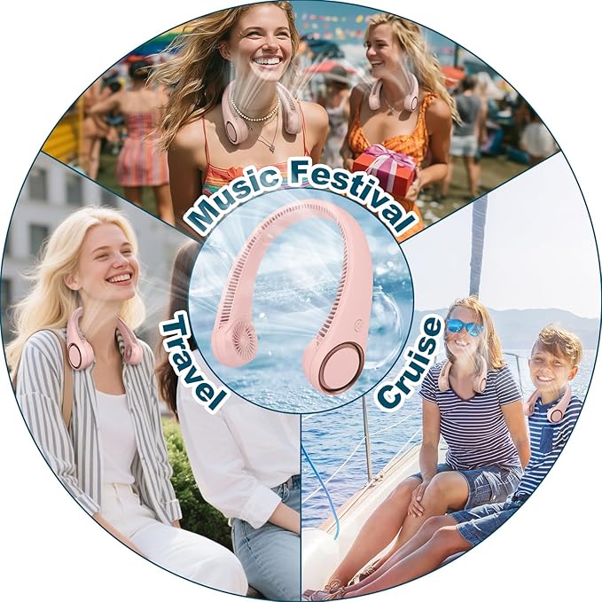 CIVPOWER Neck Fan: Portable Personal Neck Cooling Rechargeable Bladeless Fan - Hands Free 3 Speed 4000 mAh Battery USB Operated Wearable Headphone Design - Gift for Men Women Outdoor (Pink)