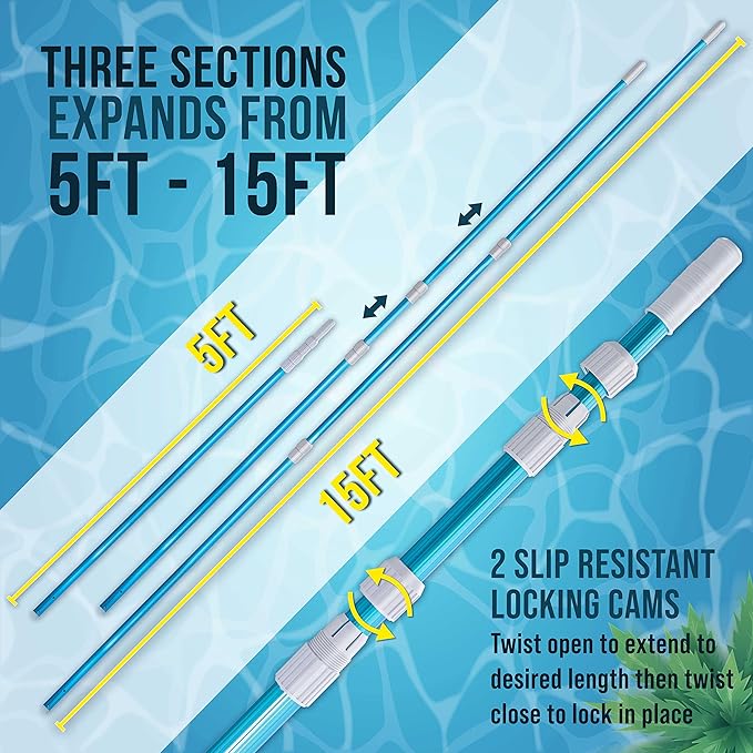 U.S. Pool Supply 15 Foot Swimming Pool Pole Telescopic - Aluminum Pool Skimmer Pole Net, Rake, Brush, Vacuum Head Handle, Attach Cleaning Equipment Accessories, Adjustable 3 Piece Expandable Extension