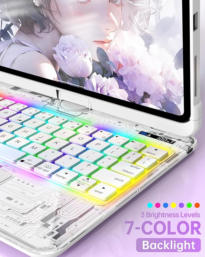 Intermerge Transparent Keyboard Case for iPad Pro 11"(M5,2025/ M4,2024), 360° Swivel Multi-Touch Trackpad, 7-Color RGB Backlit, Pencil Holder, Type-C, Power Indicator, Frost Pulse