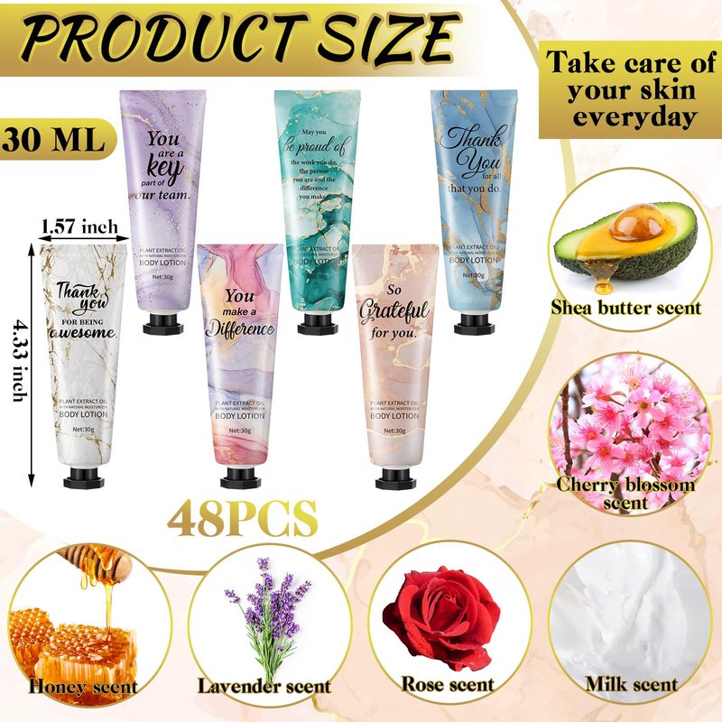48pcs Hand Cream Thank You Gifts Bulk Inspirational Travel Size Dry Skin Hand Cream for Staff Team Teachers Employee Appreciation Gifts, Moisturizing Mini Body Lotion for Women Men