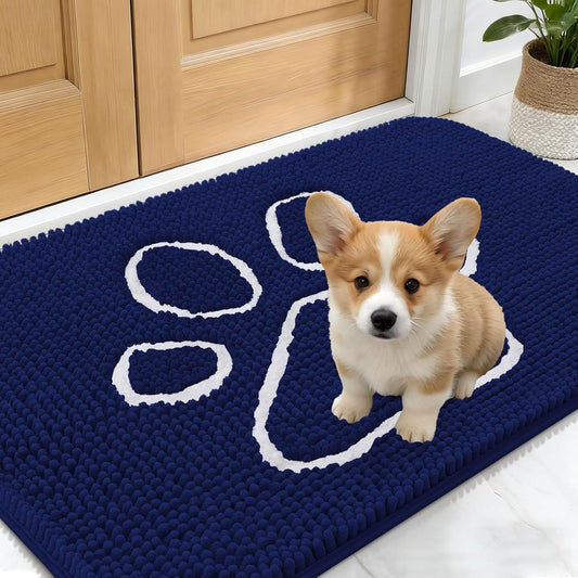 OLANLY Dog Door Mat - Absorbent Non-Slip Mud Mat for Paws | 24x16 Navy Blue Chenille Design