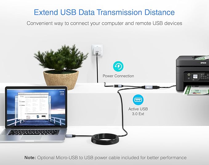 BlueRigger Active USB 3.0 Extension Cable 15FT (5 Gbps USB Extender Cord) - Long USB Extension Cable for Webcam, VR Headset, Printer, Hard Drive, Keyboard, Mouse