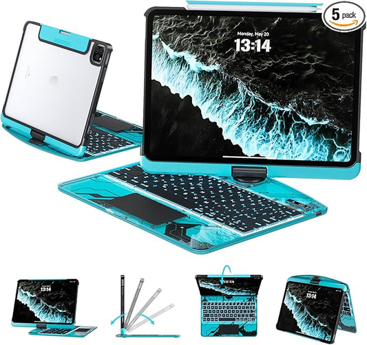 Tiaota Transparent Case with Keyboard for iPad Pro 13 inch(M5/M4, 2025/2024), iPad Pro 13,7-Color Backlit,Magic Wireless Keyboard, 360°Rotating,Multi-Touch trackpad,Pencil Holder,with Shortcuts,Blue