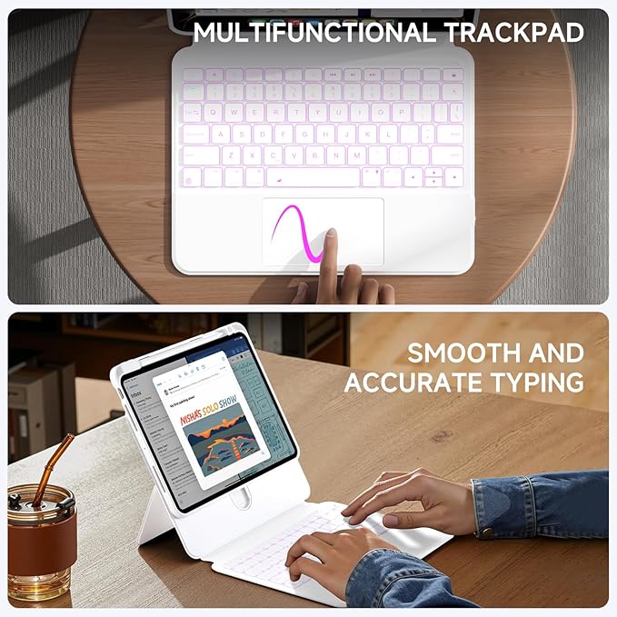 Tiaota for iPad Pro 11-inch (M4, 2024) Keyboard Case with Multi-Touch Trackpad, 360° Rotating Magnetic Stand, Detachable Protective Cover, Portrait & Raised Modes, 7-Color Backlight – White