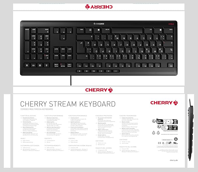 Cherry Stream Keyboard, Wired Keyboard for PC/Laptop, Whisper Quiet Silent Keys, Unique Typing Feel, Slim Design, SX Scissor Switches, USB-A, QWERTY, Black