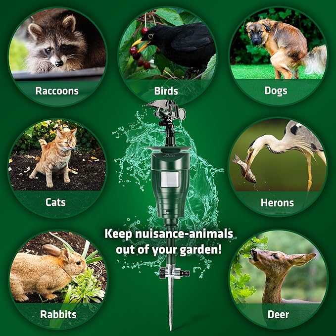 GARDIGO® Water Jet Animal Repellent | Bird Repellent, Heron Repellent, Cat Repellent Garden | Motion Activated Sprinkler | Up to 33ft Range | Pigeon Deterrent Heron Scarer | Batteries Included
