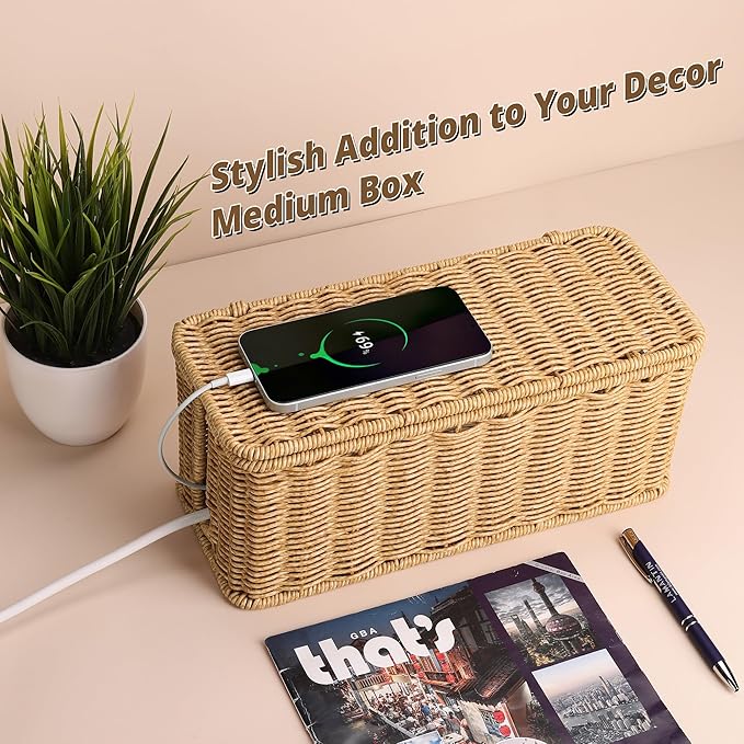 ZhiYo Rattan Cable Management Box, Brown Cord Organizer, 12.5" x 5" x 5.2"