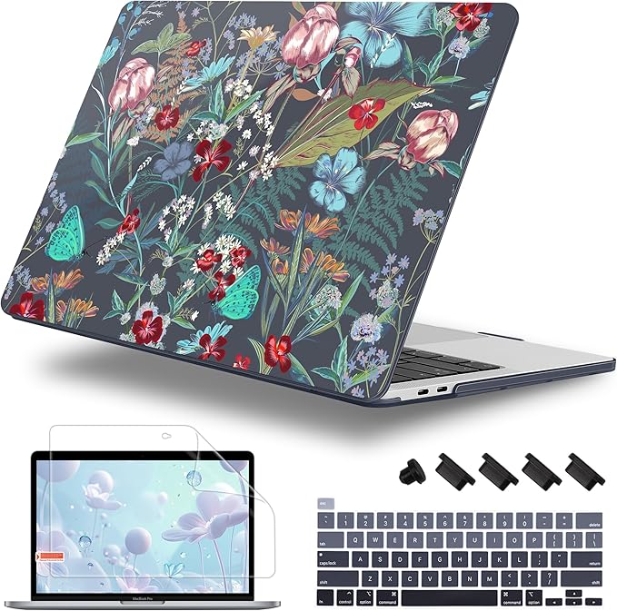 Lepeoac Case for MacBook Pro 13 inch Case M2 2022-2016 A2338 M1 A2251 A2289 A2159 A1989 A1708 A1706, Plastic Hard Shell + Keyboard Cover + Dust Plug, Flowers & Herbs