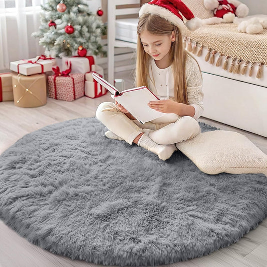 OLANLY Round Light Grey Area Rug - Soft, Fluffy, Machine Washable 4 ft Circle Carpet for Bedroom & Living Room