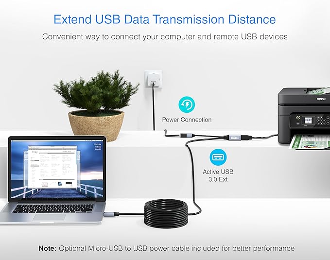 BlueRigger Active USB 3.0 Extension Cable 100FT (5 Gbps USB Extender Cord, in-Wall CL3 Rated) - Long USB Extension Cable for Webcam, VR Headset, Printer, Hard Drive, Keyboard, Mouse