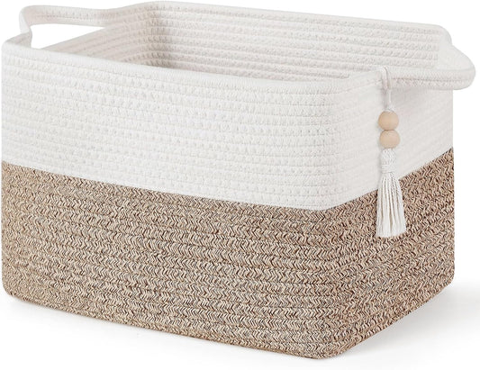 Mkono Woven Storage Basket - Cube Cotton Rope Organizer for Toys, Clothes & Towels | 13" x 10" x 9", Brown & White