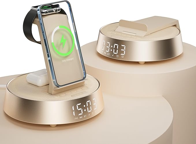Alarm Clock with Wireless Charging Station, Clock for Bedroom with Dimmable Night Light Bluetooth Speaker, Wireless Charger Dock Station for iPhone 16 15 14 13 12 11 Pro Max, Apple Watch