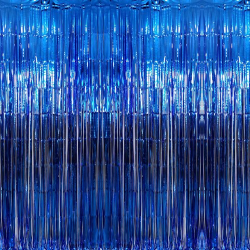 GOER Metallic Tinsel Foil Fringe Curtains - 3.2 ft x 9.8 ft Navy Blue Party Backdrop for Birthdays & Weddings
