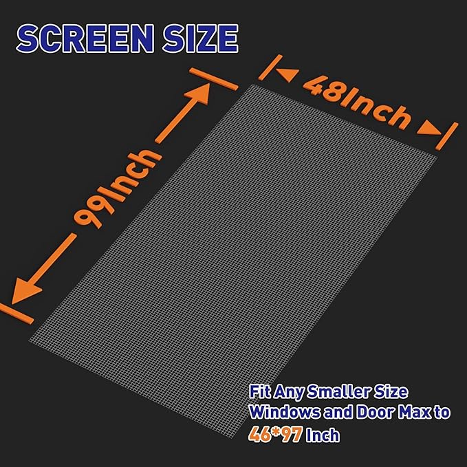MAGZO Window Screen Replacement Mesh 48"W x 99"L - Pet Resistant Premium & Durable Polyester Screen Door Mesh, Allows Fresh Air In, DIY Repair Kit Includes Tool for Sliding Doors,Windows,Patio, Gray