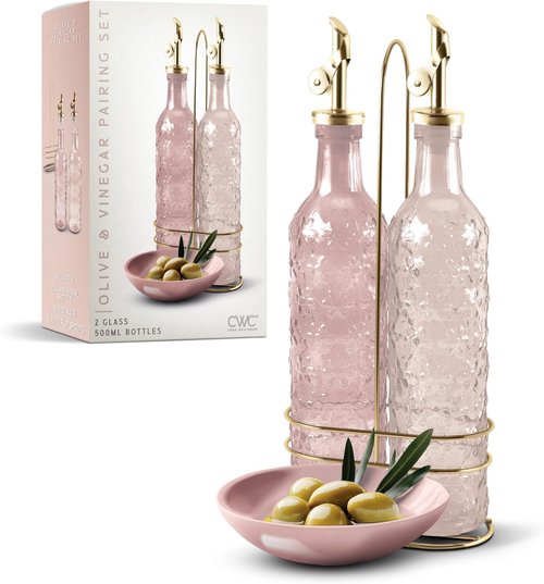 COOK WITH COLOR Glass Olive Oil Bottle Dispenser - 17oz Oil and Vinegar Cruet Set - Floral Pink Design