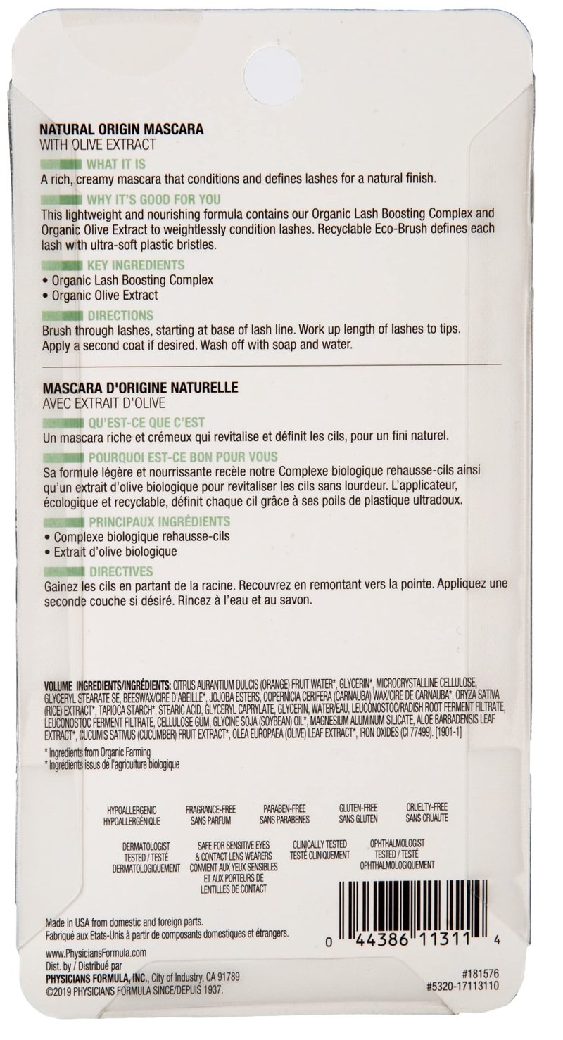 Physicians Formula Organic Wear Lash-Boosting All Natural Mascara, Lifts, Lengthens, For Sensitive Eyes, Dermatologist Tested - Natural Origin Black