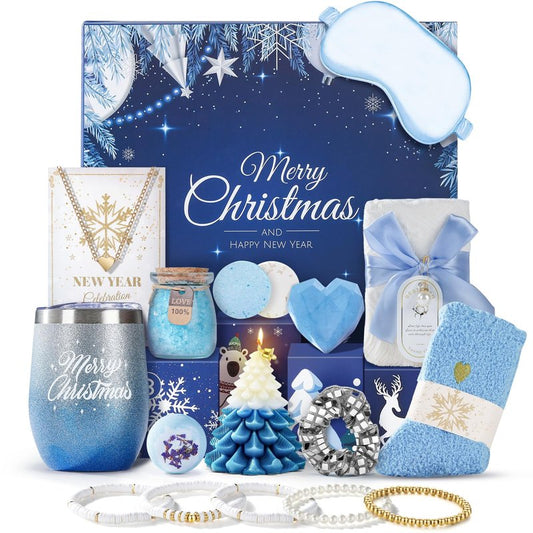 Joyliss Christmas Gift Baskets for Women, Christmas Advent Calendars 2025 for Adult Women and Teen Girls, Luxury Spa Self Care Christmas Gifts Basket Countdown Calendar for Mom Wife Girlfriend Blue