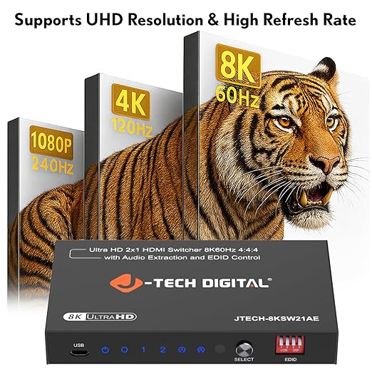 J-Tech Digital 8K HDMI Switch 2 in 1 Out 8K@60Hz 4K@120Hz 1080P@240Hz, HDMI Audio Extraction to Optical & 3.5mm, HDR HDCP 2.3 EDID Control, Compatible with PS5 PS4 Xbox Switch Apple TV Roku Fire TV