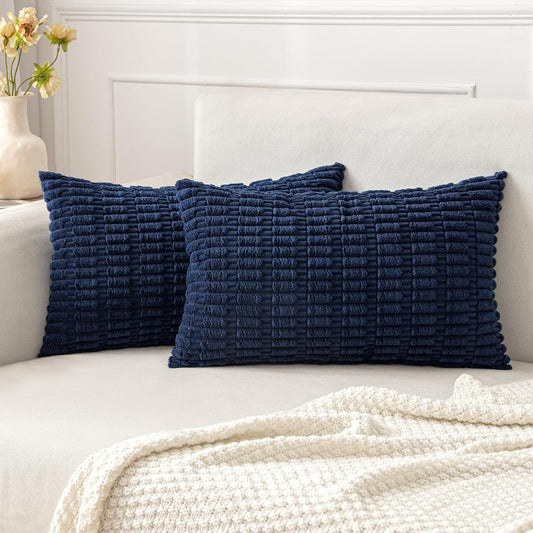 MIULEE Corduroy Decorative Lumbar Throw Pillow Covers - Soft Boho Striped Design, 20x12 Inch, Dark Blue for Modern Farmhouse Decor