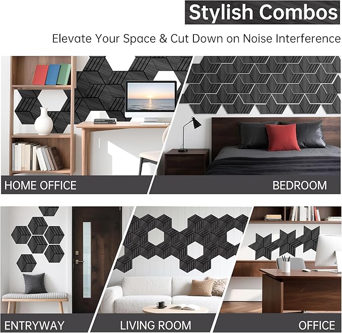 Mollywell Acoustic Panels, PVC Wood-Grain, 14x12 Inch Hexagon Carved Sound Proof Wall Tiles, Self-Adhesive High Density Felt for Home Theater/Studio/Office Echo Reduction, 12 Pack Black Oak, S4