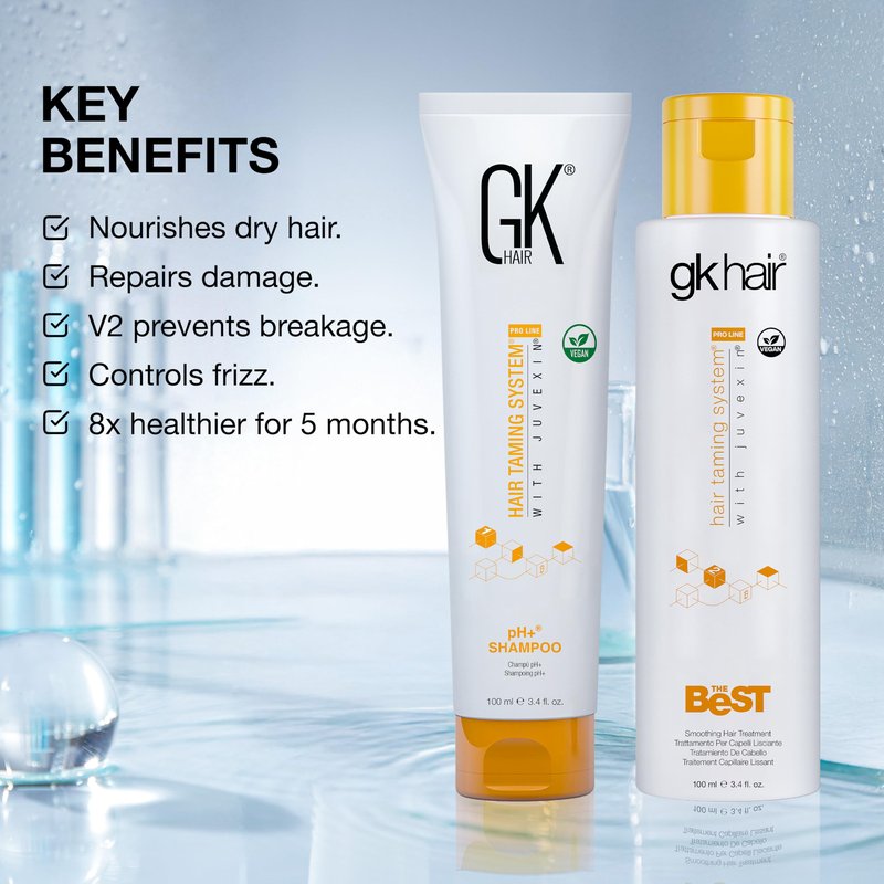 GK HAIR – Smoothing Keratin Treatment & pH Clarifying Shampoo Set 3.4 Oz – Frizz Control & Shine Enhancement System for Unruly, Strengthening Hair Healthy With Juvexin V2 Plant Protein & Aloe Vera
