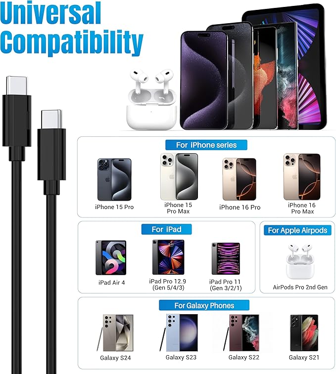 TT&C 2-Pack 30W USB-C Fast Charger with 6.6FT Type C Cables, PD 3.0 Wall Plug Compatible with iPhone 17 16 15, Galaxy S26 S25 Ultra & iPad (Black)