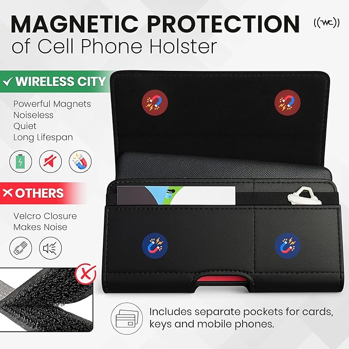 Wireless City Leather Phone Holster for iPhone Air 2025, 16 Plus/15 Plus/14 Plus/11 Pro Max/XS Max, Belt Phone Pouch with Card Slot, Magnetic Closure, Case Friendly