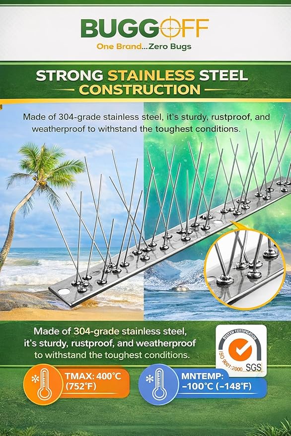 BUGGOFF Bird and Rodent Spikes, 4.5" Tall 10" Long Stainless Steel Anti-Bird Deterrent Strips, Silver, Professional Pest Control for Roofs, Fences, Ledges (100 Pieces / 83.3 Feet)