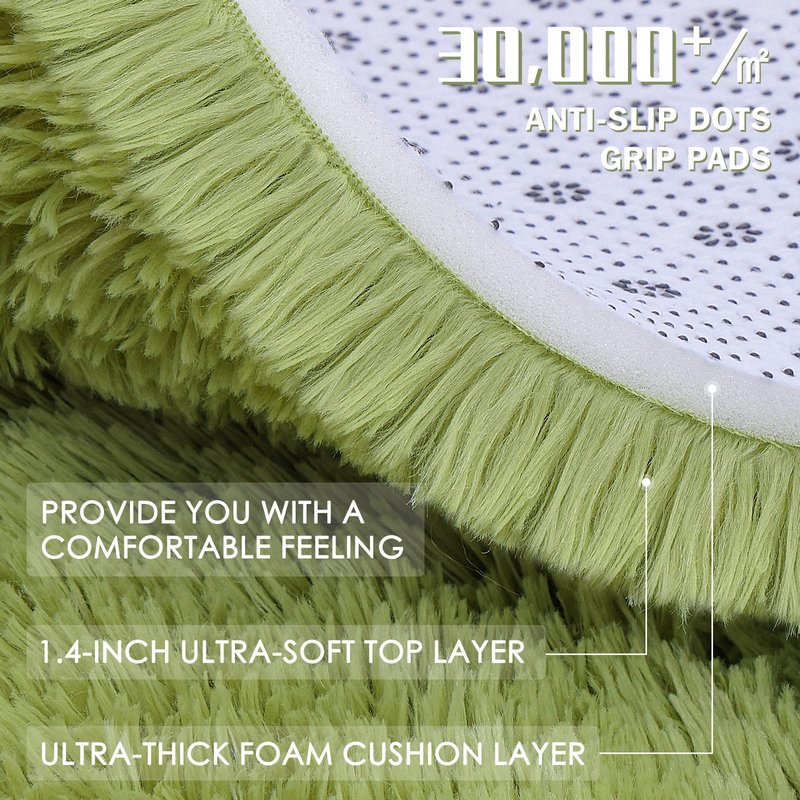 OLANLY Grass Green Round Rugs for Bedroom - Machine Washable, 4 ft Circle Area Rugs for Living Room, Soft and Fluffy Shaggy Carpet for Teen Girls and Boys, Nursery Rooms, Dorms, Home Decor Aesthetic