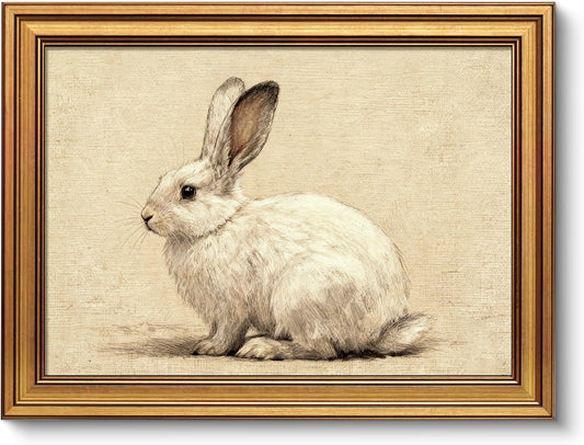 VIYYIEA Vintage Gold Framed Canvas Wall Art - Easter Bunny Decor | 12x16 Inch Little White Rabbit Painting for Kids Room, Bedroom, Kitchen, Bathroom