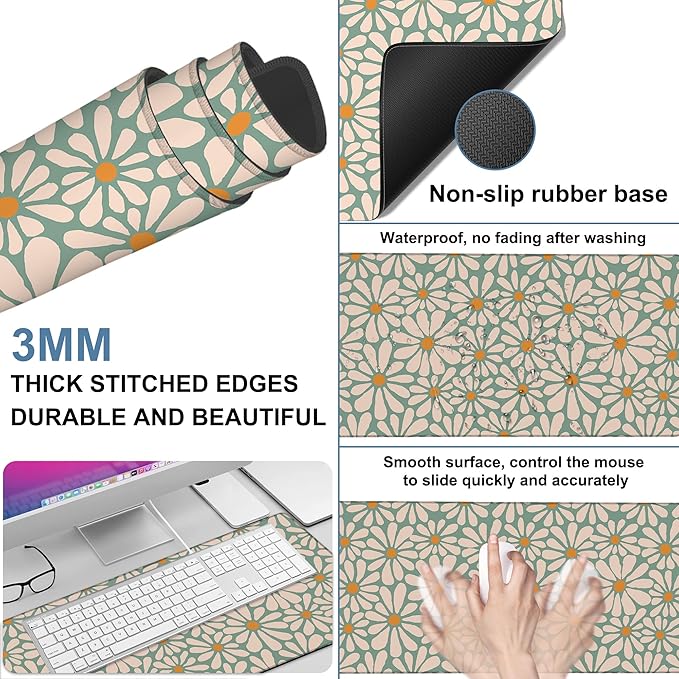NITAHHHY Retro Daisy Flowers Gaming Mouse Pad 3mm Thick Stitched Edge Waterproof Non-Slip Large Computer Keyboard Mouse Mat,Suitable for Office Entertainment Decorative Desk Pad 35.4 x 15.7 Inches
