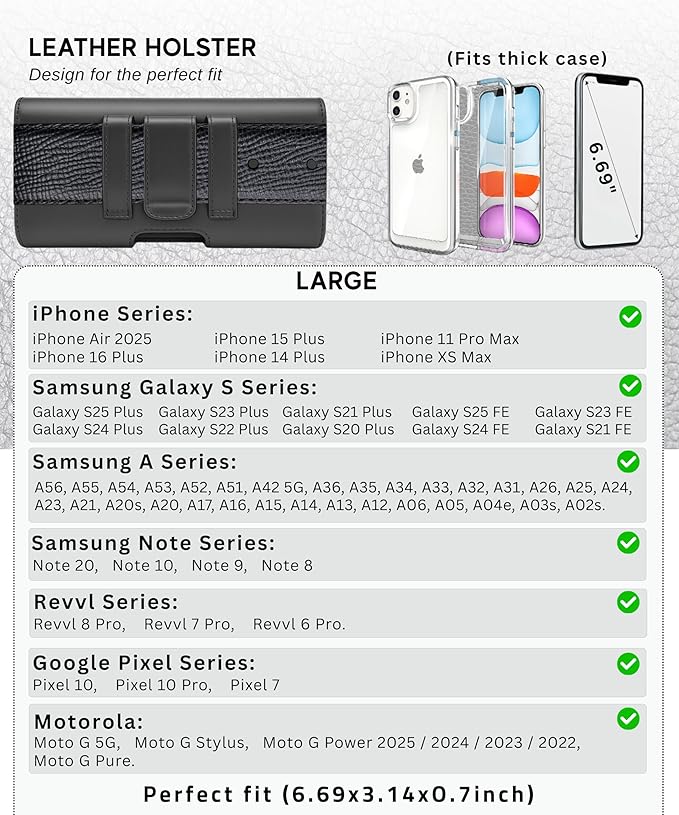 Wireless City Large Leather Phone Holster for iPhone 16/15/14 Plus, iPhone Air 2025, 11 Pro Max, XS Max, Horizontal Belt Clip & Loop Phone Pouch, Magnetic Closure Belt Holder for Men & Women (Black)