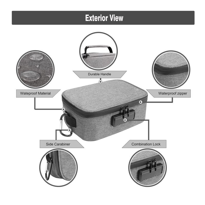Grey Medium Size Smell Proof Storage Carrier Bag with 11 PCS Accessories, Water-Resistant file Organizers Box Case with Combination Lock, Medicine Container Pouch, Great Gift for Friends.