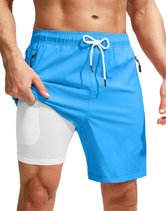 Viodia Men's Swim Trunks with Compression Liner Quick Dry Board Shorts Swimsuit Swimwear for Men with Zipper Pockets Blue