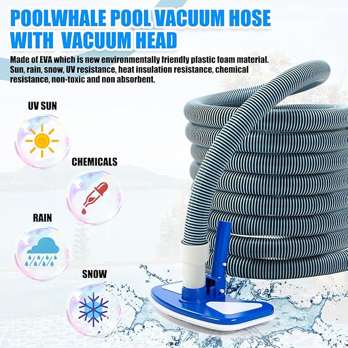 Pool Vacuum Kit Swimming Pool Vacuum Head with 1-1/2" x 30 ft Hoses Flexible Head with Wheels and 14 '' Cleaning Brush for Inground Swimming Supplies (Classic)